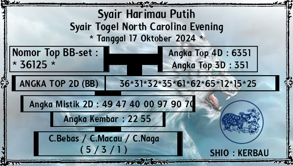 Syair Harimau Putih - Syair Togel North Carolina Evening